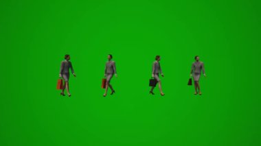 Çalışan kadın yeni yıl için el çantasıyla 3D yeşil ekran alışverişi yapıyor ve bavulla havaalanına gidiyor.