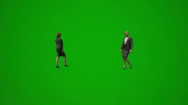 Animasyon Avrupalı kadın moderatörler 3D yeşil ekran konuşuyor, yürüyor ve üniversitede çalışıyor