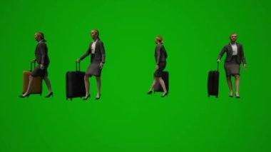 Animasyon Avrupalı kadın moderatörler alışveriş arabasıyla 3 boyutlu yeşil ekran alışverişi ve bavulla seyahat