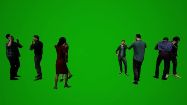 3Dグループ別のアメリカの男性と女性の従業員緑の画面背景の話と歩くオフィスクロマ — ストック動画
