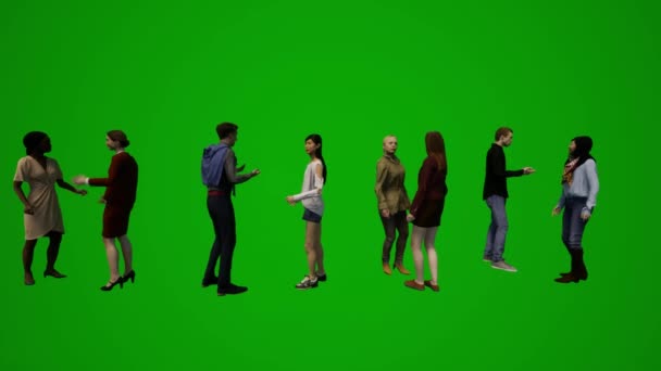 3D组团不同的亚洲销售人员和女性绿色屏幕背景与客户进行对话和洽谈 — 图库视频影像