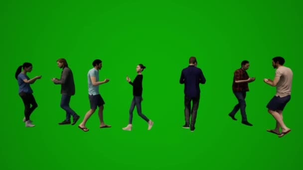 3Dグループ別のヨーロッパのビジネスマンや女性の緑の画面の背景に携帯電話を話し ストリートクロマを歩く — ストック動画