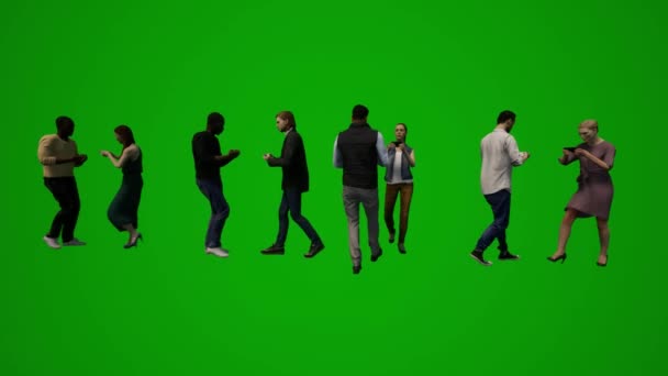 3Dグループ別のヨーロッパのビジネスマンや女性の緑の画面の背景に携帯電話を話し ストリートクロマを歩く — ストック動画