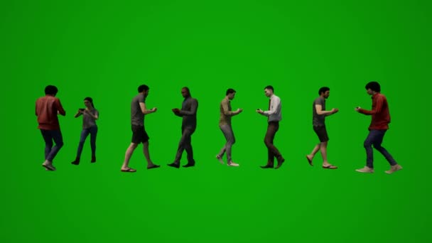 3D团体不同的欧洲商人和女性绿屏背景 一边讲手机 一边在街上走着色 — 图库视频影像