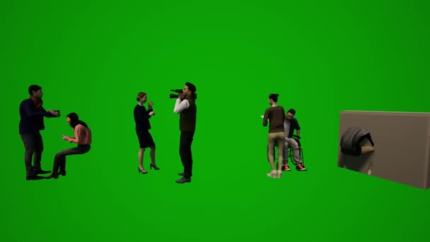 3Dグループ別の若いアメリカ人男性と女性緑の画面の背景演奏と演奏ピアノとスケートクロマ — ストック動画
