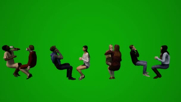 3D在聚会上和工作场合 团体不同的欧洲商人和女性绿色屏幕背景的人坐着和讲手机 — 图库视频影像