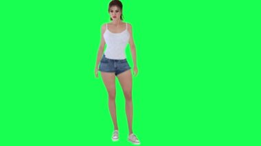 Yaz tatillerinde yeşil ekranda sergilenen 3 boyutlu çekici ve güzel model kız ve izole görüntü arka planında çeşitli fotoğrafçılık görüşleri yüksek kaliteli 4K