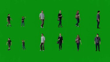 3D Avustralyalı aile, çocukları yeşil ekranda yürüyorlar ve yüksek kaliteli 4K izole bir arka planda çalışıyorlar.