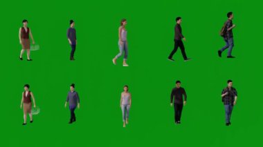 3D Asyalı göçmen erkek ve kadınlar yeşil ekranda yürüyor, çalışıyor ve yüksek kalitede konuşuyor.