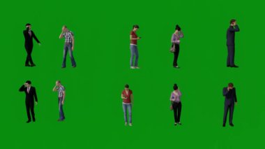 3D Farklı erkek ve kadınlar yeşil ekran ve yüksek kaliteli 4K izole arka planda cep telefonlarıyla konuşuyor