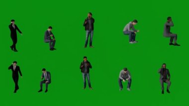 Birkaç Asyalı, Afrikalı ve Amerikalı erkek cep telefonlarıyla yeşil ekranda konuşuyor, oturuyor ve arka planda 4K kalitesinde birden fazla görüntüde duruyor.