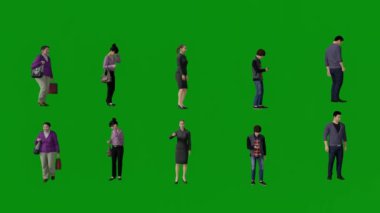 Yaz tatilindeki birkaç erkek ve kadın turist ve ziyaretçi yeşil ekranda konuşuyor ve arka planda 4K kalitesinde birden fazla çekim yapıyor.