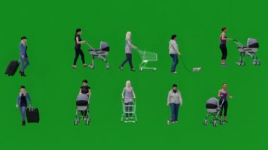 Alışveriş arabaları, bavulları ve yeşil ekranda bebek arabalarıyla arka planda 4K kalitesinde konuşan ve yürüyen bir sürü güzel genç kadın var.