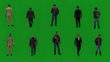 3D birkaç Afrikalı erkek satış müdürü yaz tatilinde yeşil ekranda yürüyor ve izole edilmiş arka planda konuşuyor.