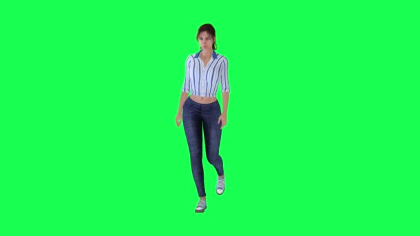 3D年轻 害羞的女孩在绿屏上观看 在商店和街上独立行走 背景高质量的4K — 图库视频影像