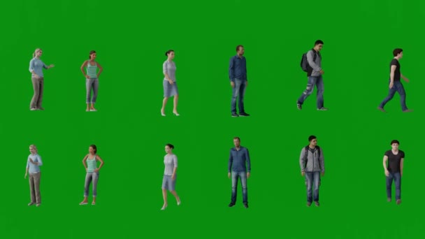 Varios Jóvenes Inmigrantes Europeos Mujeres Hombres Pantalla Verde Caminar Encontrar — Vídeos de Stock