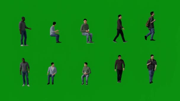 3Dいくつかの非ネイティブアメリカ人ワーキング男性で緑の画面の歩行と作業と高品質4K隔離された背景で話す — ストック動画