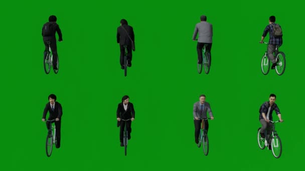 Varios Empleados Masculinos Asiáticos Montando Bicicletas Pantalla Verde Haciendo Ejercicio — Vídeo de stock