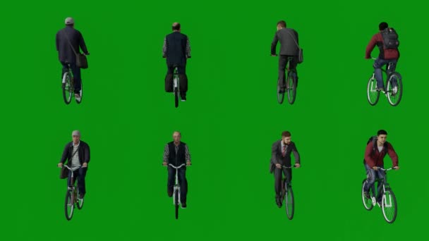 Kilku Męskich Pracowników Jazda Rowerach Zielonym Ekranie Ćwiczenia Chodzenie Biura — Wideo stockowe