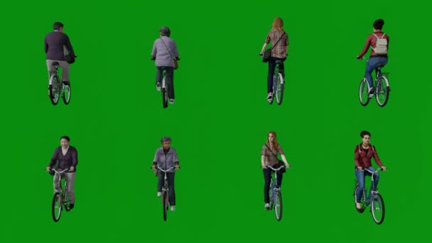 Kilka Młodych Kobiet Rowerzystów Zielonym Ekranie Ćwiczenia Odizolowanym Tle Wysokiej — Wideo stockowe