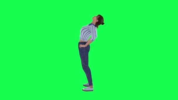 3D魅力的な女性カナダ人トレーナー上の緑の画面ウォーミングアップと運動学生でジムで隔離された背景高品質4K — ストック動画
