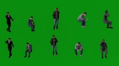 Birkaç Asyalı, Afrikalı ve Amerikalı erkek cep telefonlarıyla yeşil ekranda konuşuyor, oturuyor ve arka planda 4K kalitesinde birden fazla görüntüde duruyor.