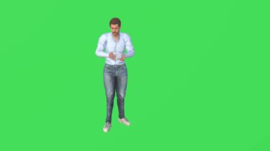 3D Amerikan kumarbaz yeşil ekranda kartlarla oynuyor ve onlara izole edilmiş yüksek kalite krom anahtar dağıtıyor.