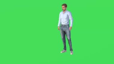 3D Animasyon: Yeşil ekranda oturan ve poz veren ve yüksek kalite izole edilmiş arka plan 4K ile hareket eden bir adam.
