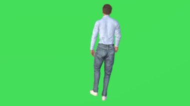 3D Animasyon: Yeşil ekranda bir erkek oyuncu yüksek kaliteli bir video yakalama programında arkadan yürüyor, izole edilmiş arka plan 4K