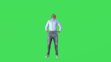 3D erkek Kanadalı atlet eğitmeni yeşil ekranda egzersiz yapıyor ve vücut kaslarını çalıştırıyor, yüksek kalite izole edilmiş arka plan 4K