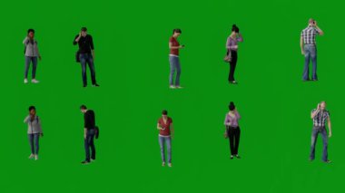 Birkaç farklı erkek ve kadın cep telefonlarıyla yeşil ekranda konuşuyor, yürüyor ve arka planda 4K kalite ile birden fazla görüntüde çalışıyor.