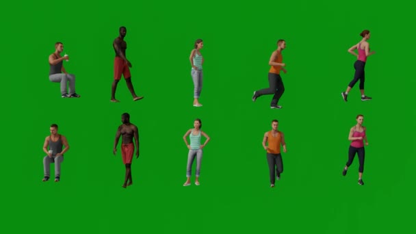 Vários Australianos Homens Mulheres Turistas Sportswear Férias Tela Verde Exercitando — Vídeo de Stock