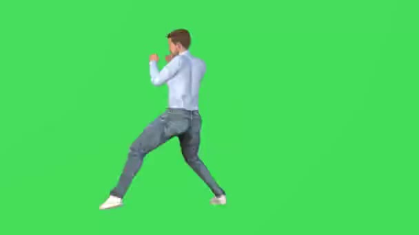 3Dグリーンスクリーンヨーロッパのスポーツマンのパンチングと路上での戦い孤立した背景高品質クロマキー — ストック動画