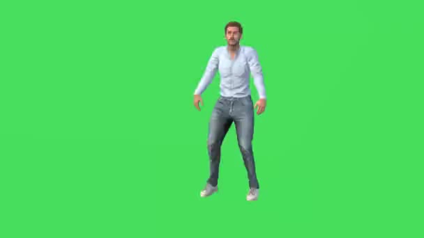 3Dハンサムなヨーロッパ人上の緑の画面撮影と地面に落ちて隔離された背景クロマキー高品質 — ストック動画