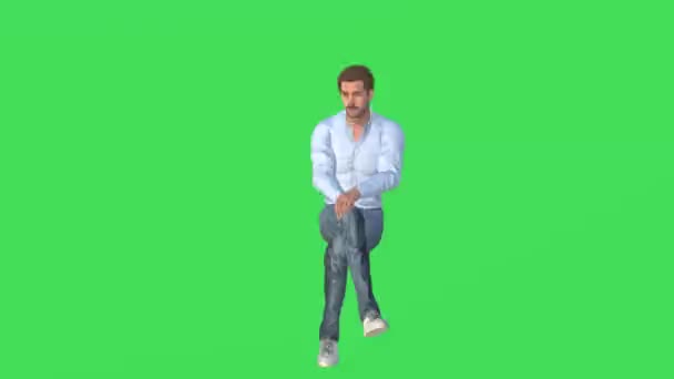 3D男性テレビホスト上の緑の画面に座っているとネットワークプログラム高品質隔離された4Kの背景のゲストに話す — ストック動画