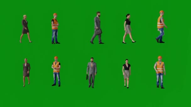 3D緑の画面上を歩くいくつかの男性と女性の監督者と男性の労働者 — ストック動画