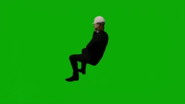 3D erkek müteahhit mühendisi yeşil ekranda konuşuyor ve krom anahtar film arka planında çalışıyor.