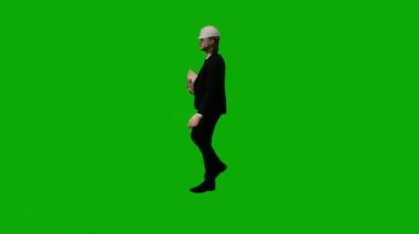 3D erkek müteahhit mühendisi yeşil ekranda konuşuyor ve krom anahtar film arka planında çalışıyor.