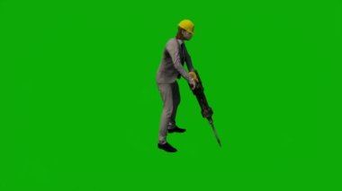 3D erkek müteahhit mühendisi yeşil ekranda konuşuyor ve krom anahtar film arka planında çalışıyor.