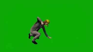 3D erkek müteahhit mühendisi yeşil ekranda konuşuyor ve krom anahtar film arka planında çalışıyor.