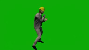 3D erkek müteahhit mühendisi yeşil ekranda konuşuyor ve krom anahtar film arka planında çalışıyor.