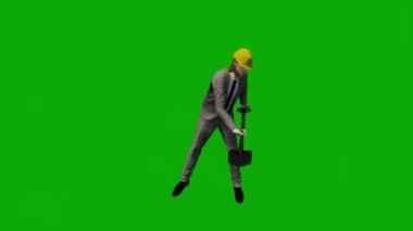 3D fabrika mühendisi yeşil ekranda konuşuyor ve krom anahtar animasyon film arka planında çalışıyor.