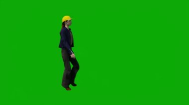 3D fabrika mühendisi yeşil ekranda konuşuyor ve krom anahtar animasyon film arka planında çalışıyor.
