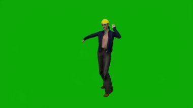 3D fabrika mühendisi yeşil ekranda konuşuyor ve krom anahtar animasyon film arka planında çalışıyor.