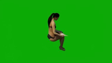 Yaz tatilindeki 3 boyutlu bikinili kadın yeşil ekranda oturuyor, uyuyor, dinleniyor ve izole edilmiş arka planda yüzüyor. HD 1080