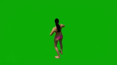 Yeşil ekranda tatilde olan 3 boyutlu bikinili kadın cep telefonuyla konuşuyor, çalışıyor ve arka planda yürüyor ve izliyor.