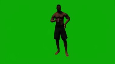 3D siyah Afrikalı plaj tatili gezisinde yeşil ekranda yüzerek yürüyen ve arka planda uyuyan 1080 kişi.
