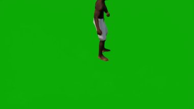 Sahilde tatil gezisinde olan 3D siyah Afrikalı adam yeşil ekranda yürüyor, alışveriş yapıyor ve 1080 yılında cep telefonuyla konuşuyor.