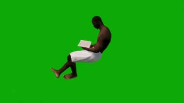 Sahilde tatil gezisinde olan 3D siyah Afrikalı adam yeşil ekranda yürüyor, alışveriş yapıyor ve 1080 yılında cep telefonuyla konuşuyor.