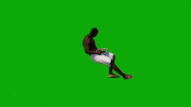 Sahilde tatil gezisinde olan 3D siyah Afrikalı adam yeşil ekranda yürüyor, alışveriş yapıyor ve 1080 yılında cep telefonuyla konuşuyor.
